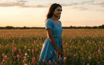 A woman stands in a field of wildflowers at sunset, symbolizing resilience and personal growth after overcoming adversity. Her gentle smile and open posture convey inner peace and strength.