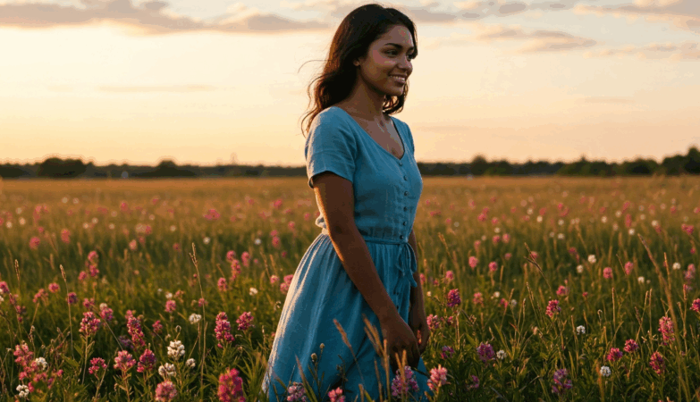 A woman stands in a field of wildflowers at sunset, symbolizing resilience and personal growth after overcoming adversity. Her gentle smile and open posture convey inner peace and strength.